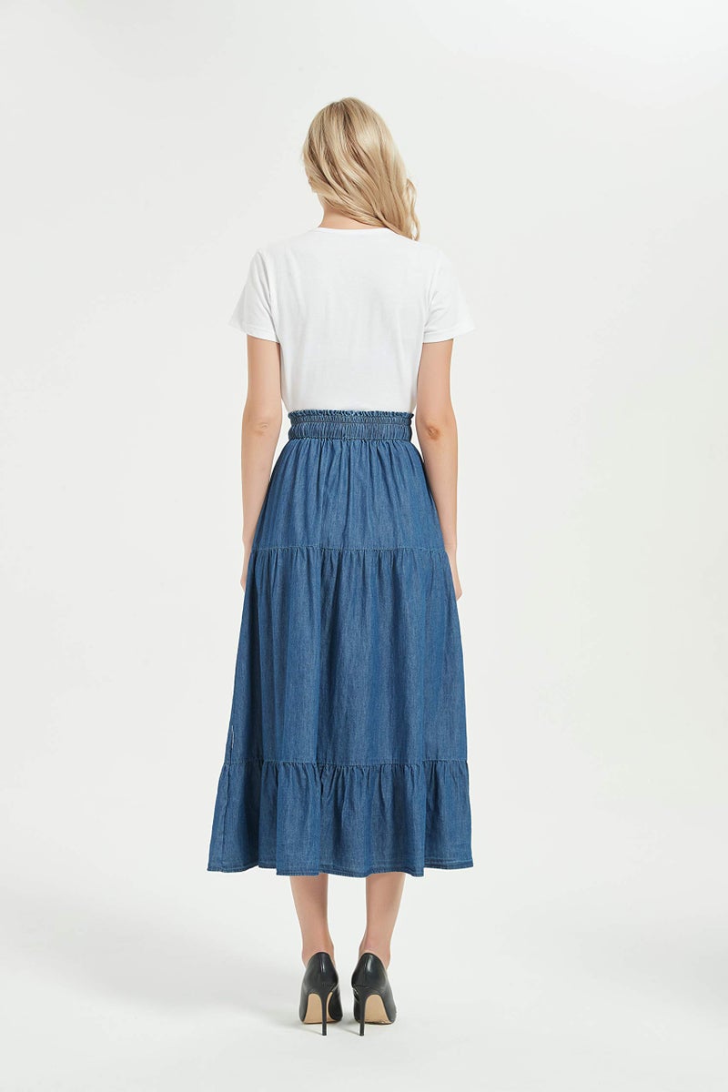 Tronjori Womens A Line Long Midi Chino Denim Skirt Tired Pleated Layers Elastic Waist Front Drawstring(M, Denim Blue) - Image 3